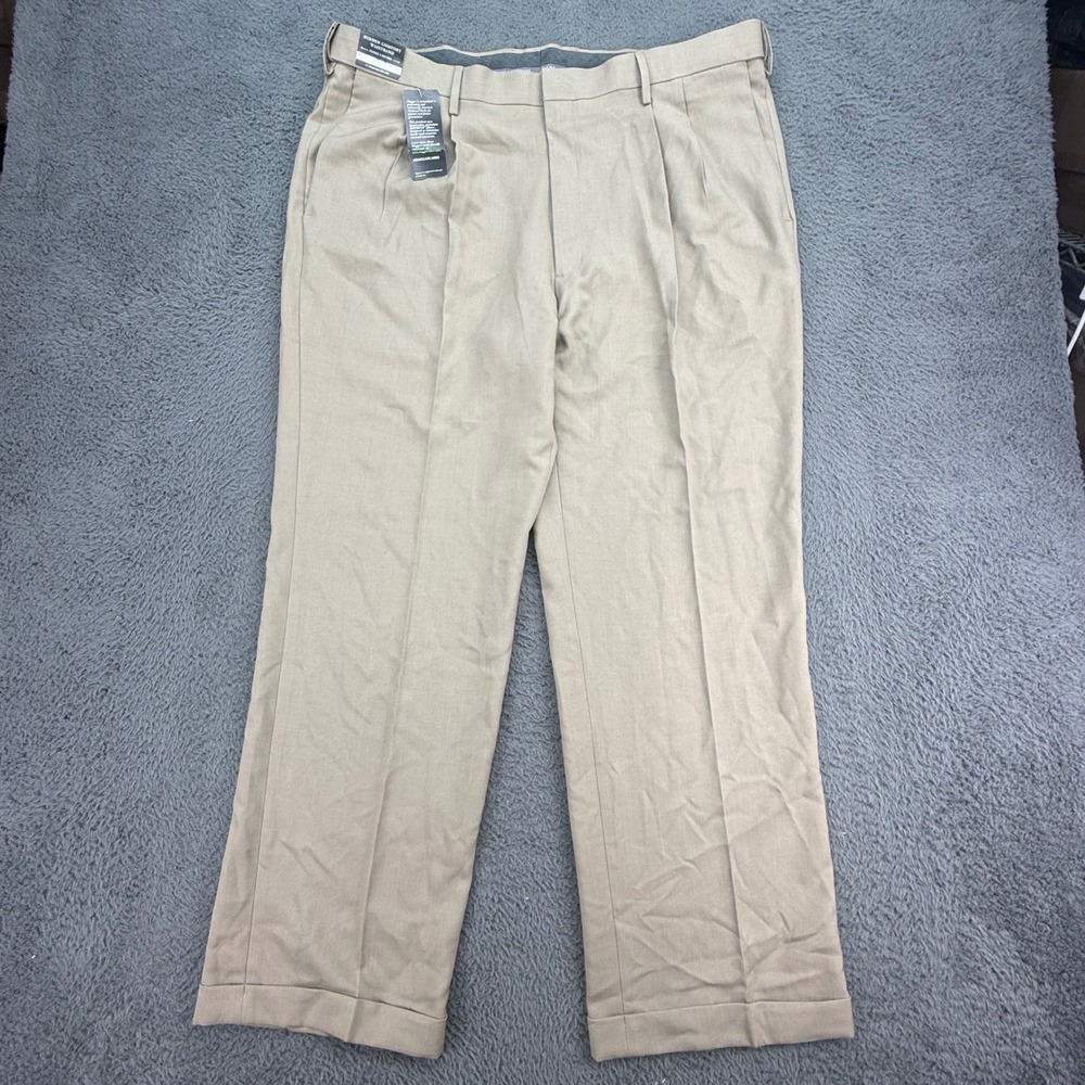 Haggar Dress Pants Mens 40x29 Tan Premium Comfort Pleated Classic Fit Cuffed NEW